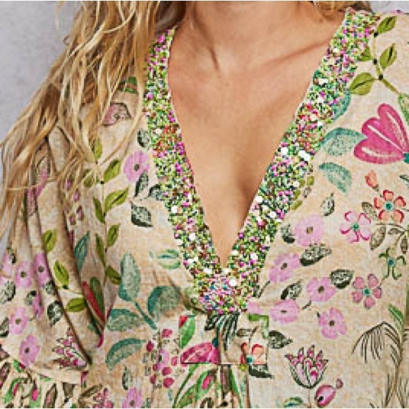 POL New Release- Deep V-Neck Beaded Floral Bohemian Maxi Dress With Pockets - Picture 4 of 11